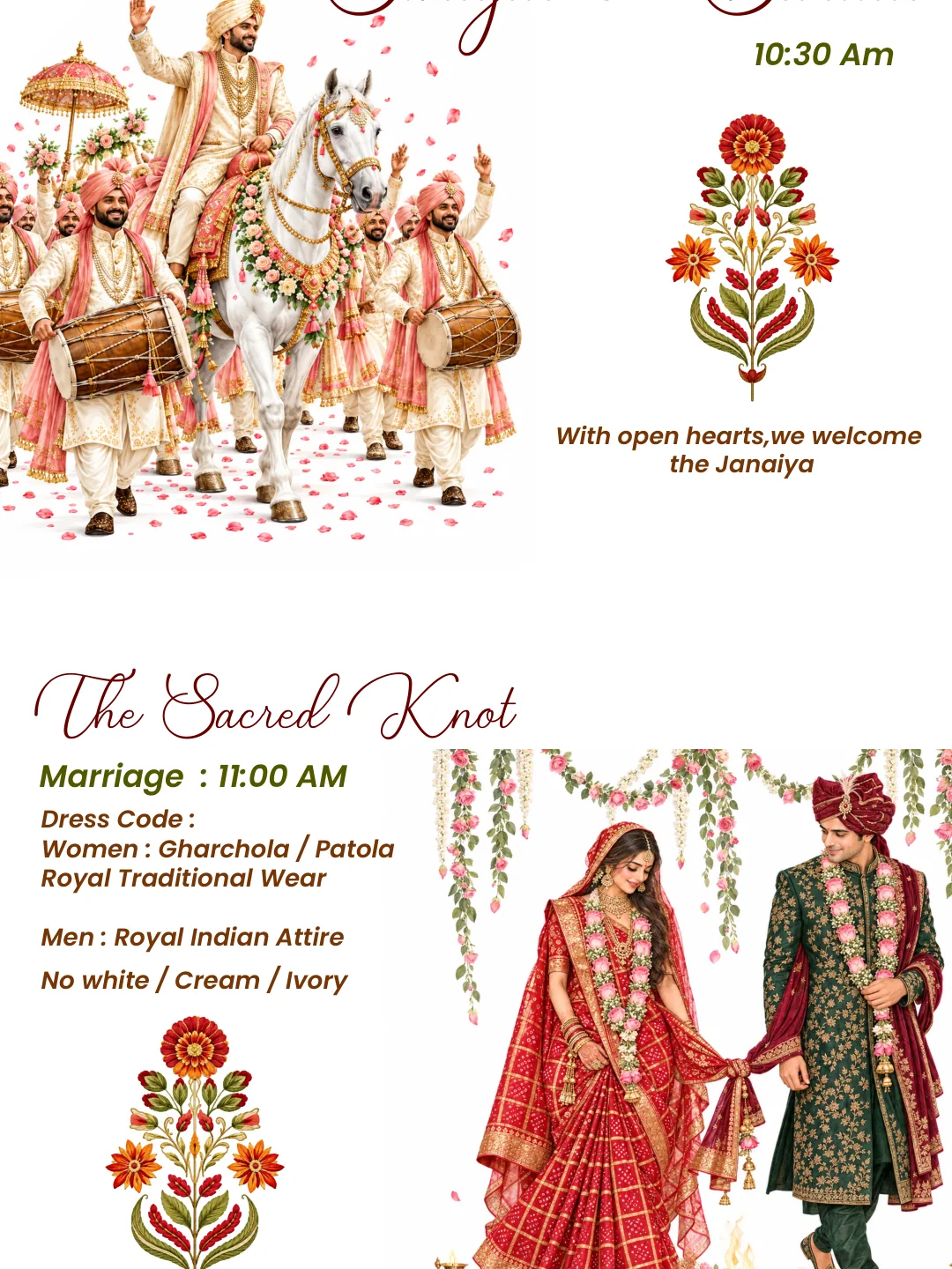 Swagat-e-Baraat, 10:30 AM. The Sacred Knot, marriage at 11:00 AM. Women: Gharchola or Patola, royal traditional wear. Men: royal Indian attire. No white, cream or ivory.