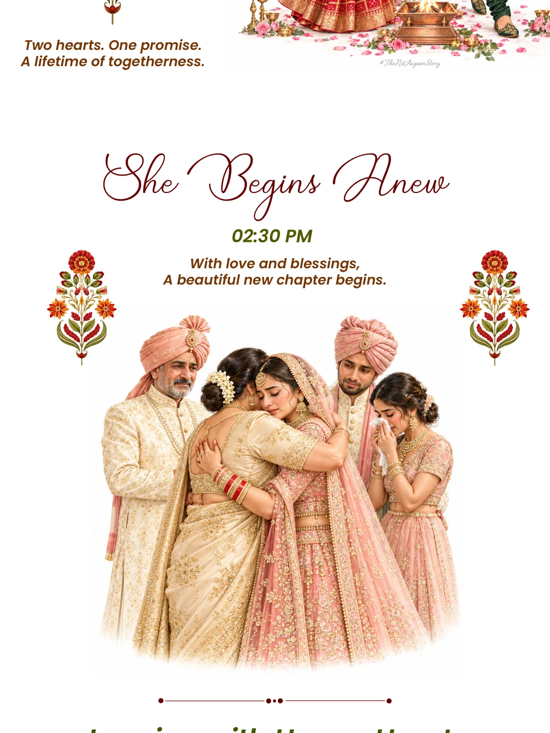 She Begins Anew, 2:30 PM. With love and blessings, a beautiful new chapter begins.